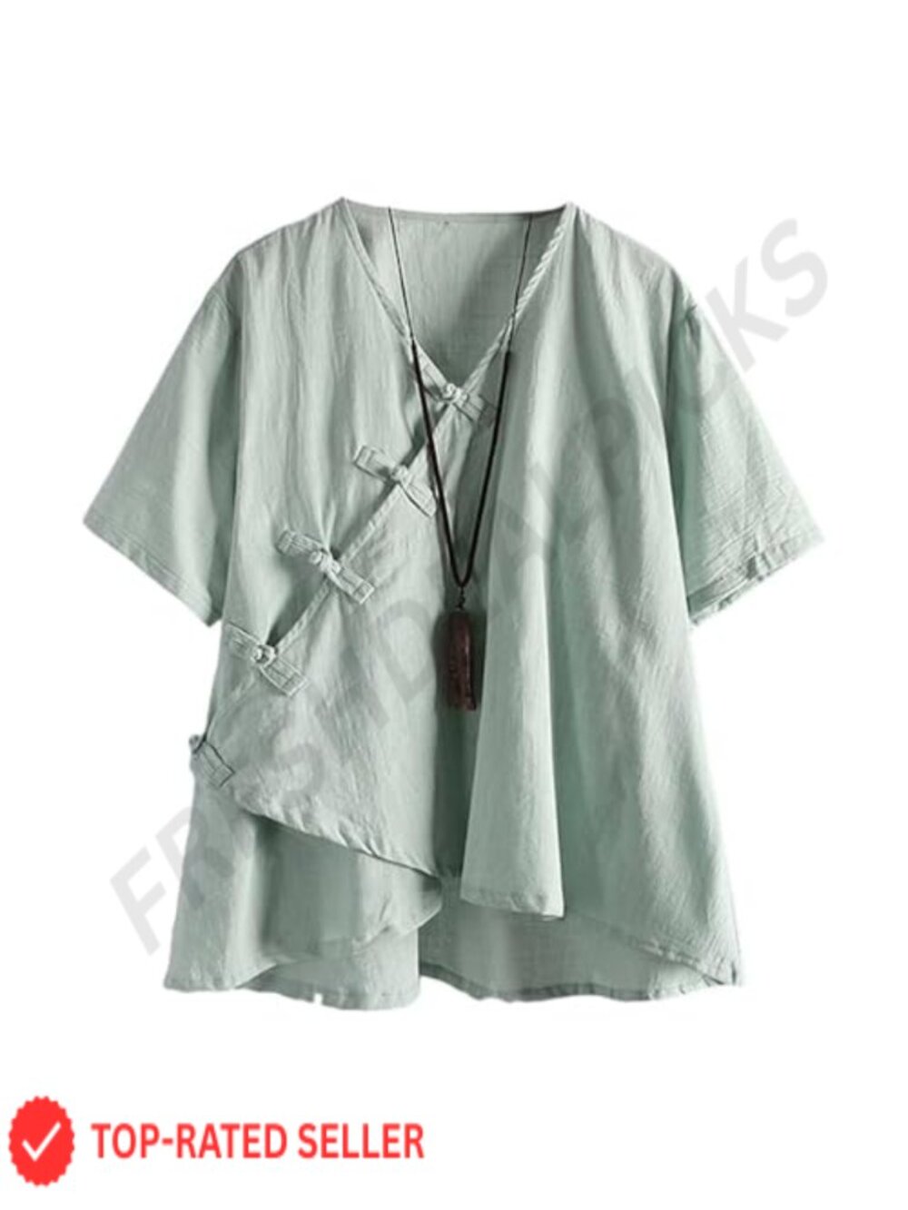 Linen Cotton Button Down Blouse V-Neck Frog Button Tunic Top